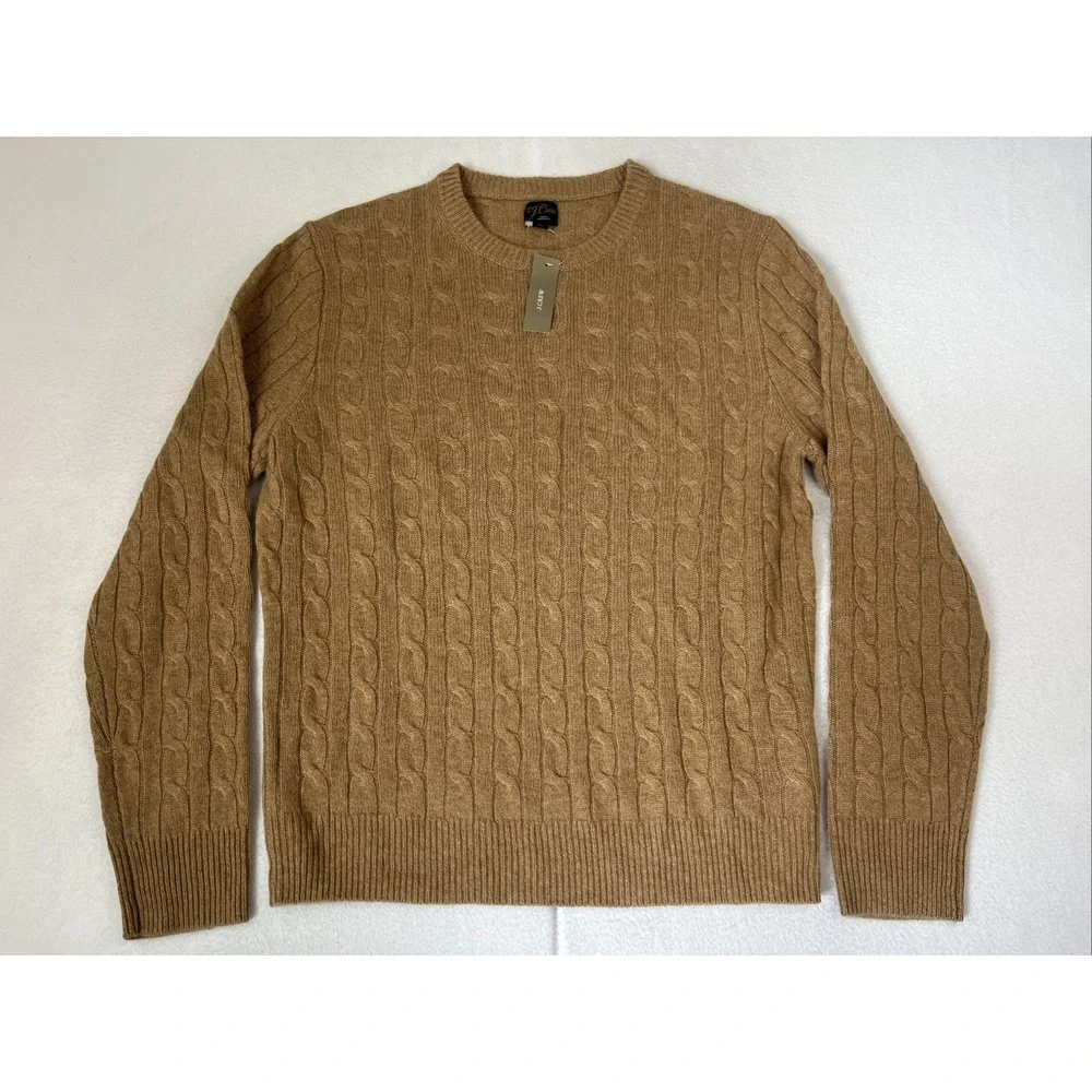 J Crew Cashmere Cable Knit Crewneck Sweater Mens Large Tan AZ972 NEW